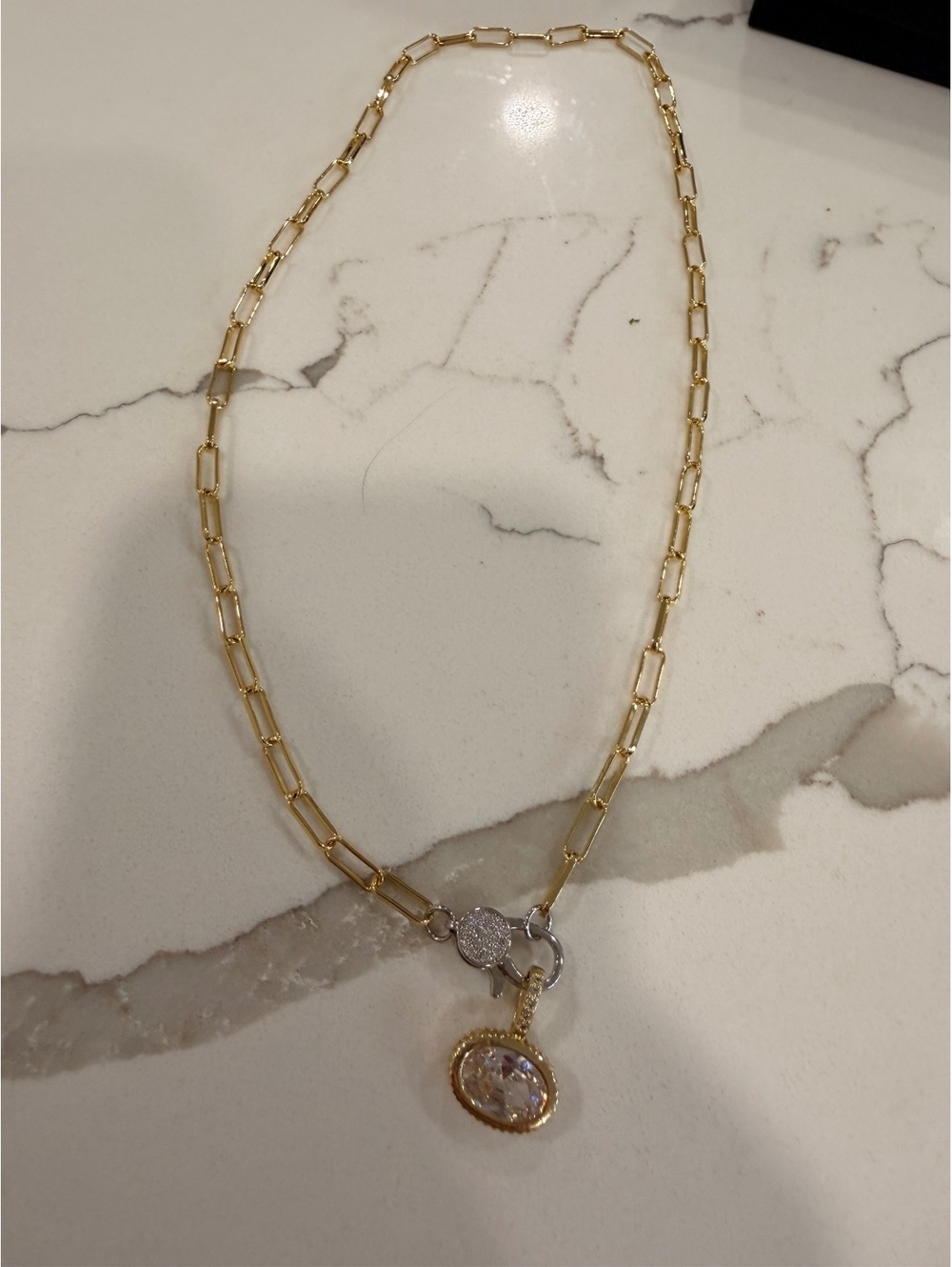 Elegant Gold Paperclip Chain Necklace with Oval Crystal Pendant